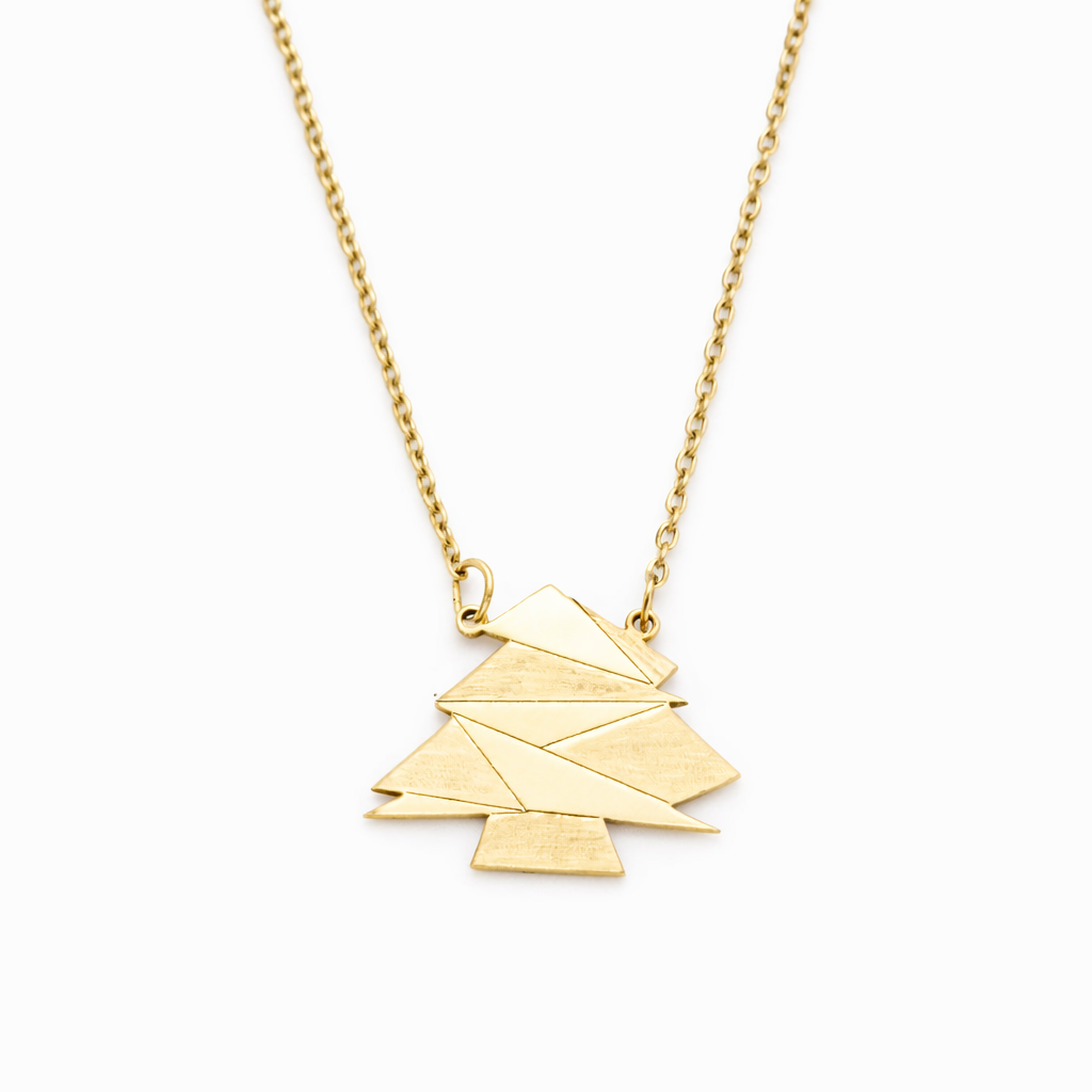 18K Solid Gold Geometric Cedar Tree Necklace