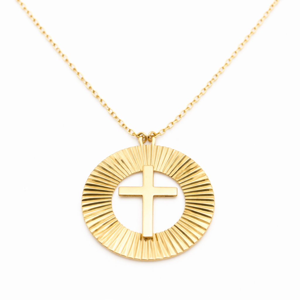 18K Solid Gold Radiant Cross Medallion Necklace