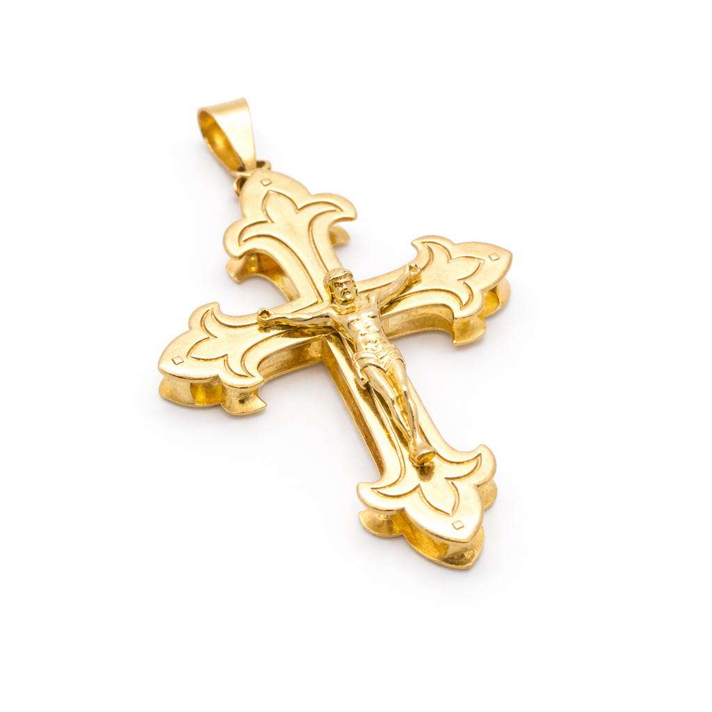 18K Solid Gold Ornate Crucifix Pendant