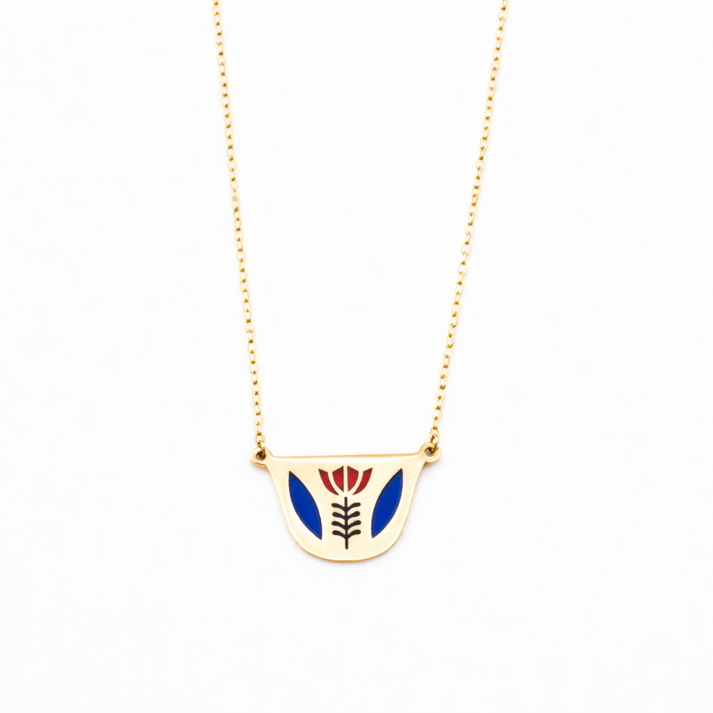18K Solid Gold Enamel Fenjen Necklace – Arabic Coffee Cup Pendant (Red & Blue)