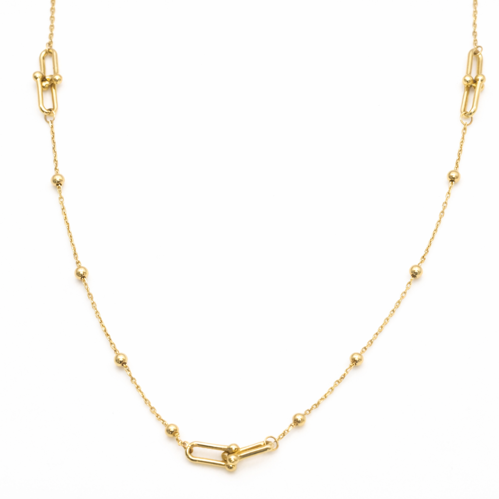 18K Solid Yellow Gold Station Bead Chain Necklace with Paperclip Clasp Accents