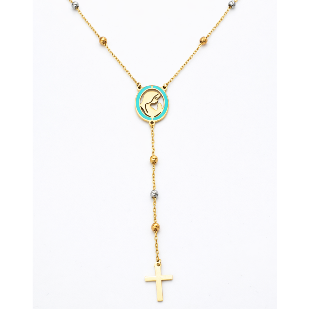 18K Solid Gold Turquoise Enamel Virgin Mary Rosary Necklace with Cross Pendant