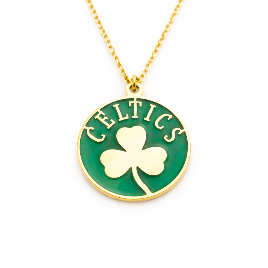 8K Solid Gold Green Enamel Clover Necklace – Celtics Inspired Coin Pendant