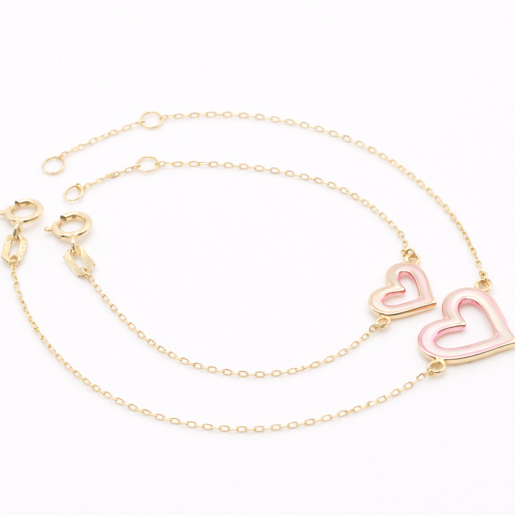 18K Solid Gold Pink Enamel Mother & Child Heart Bracelet Set