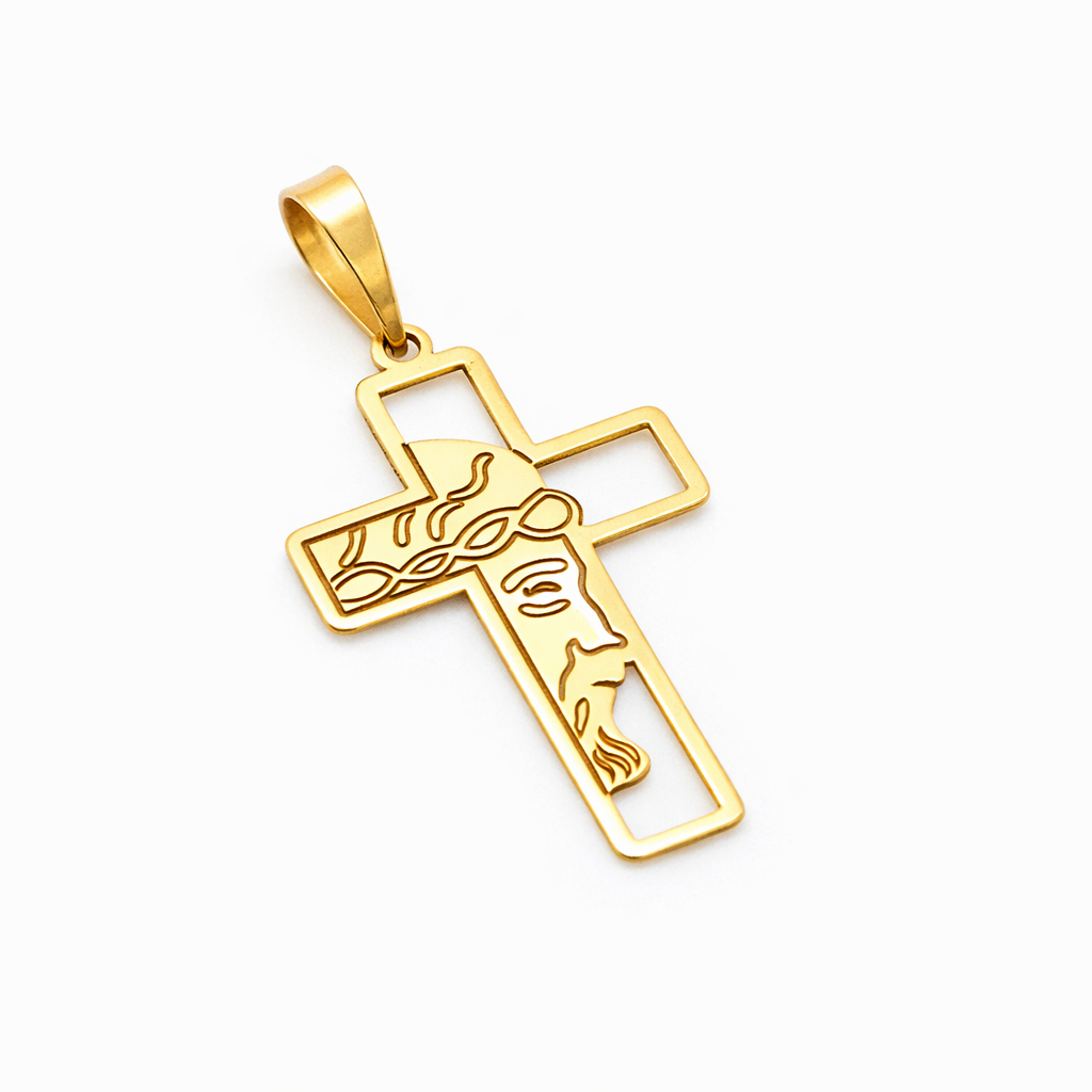 18K Solid Gold Jesus Face Cross Pendant