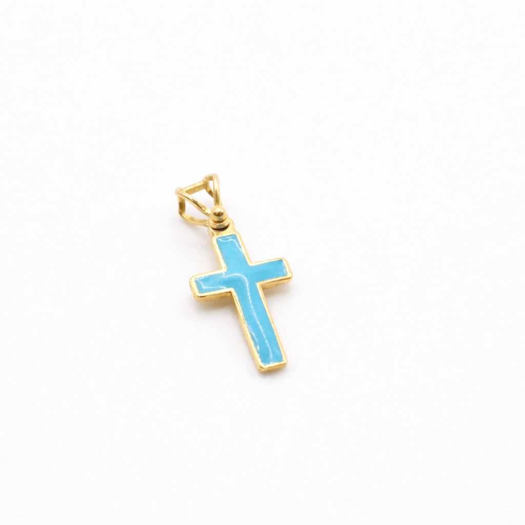 18K Solid Gold Blue Enamel Cross Pendant