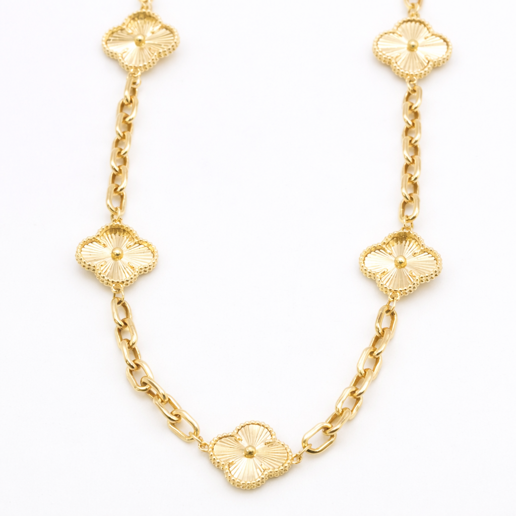 18K Solid Gold Clover Motif Chain Necklace - 5 Motifs