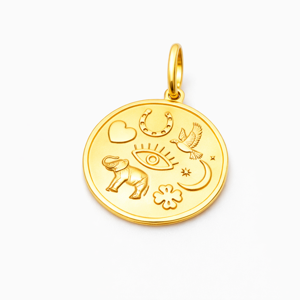 14K Solid Gold Lucky Symbols Pendant – Evil Eye, Elephant, Horseshoe Charm Necklace