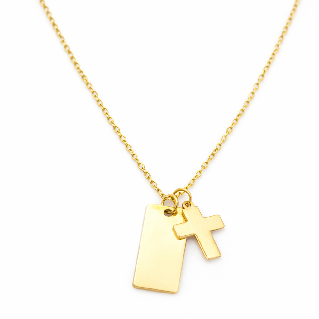 18K Solid Gold Cross Pendant Necklace with Engravable Tag Charm