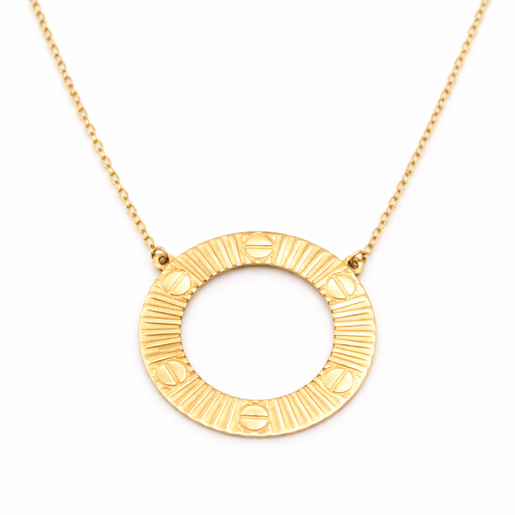 18K Solid Gold Circle Pendant Necklace – Screw Motif Luxury Design