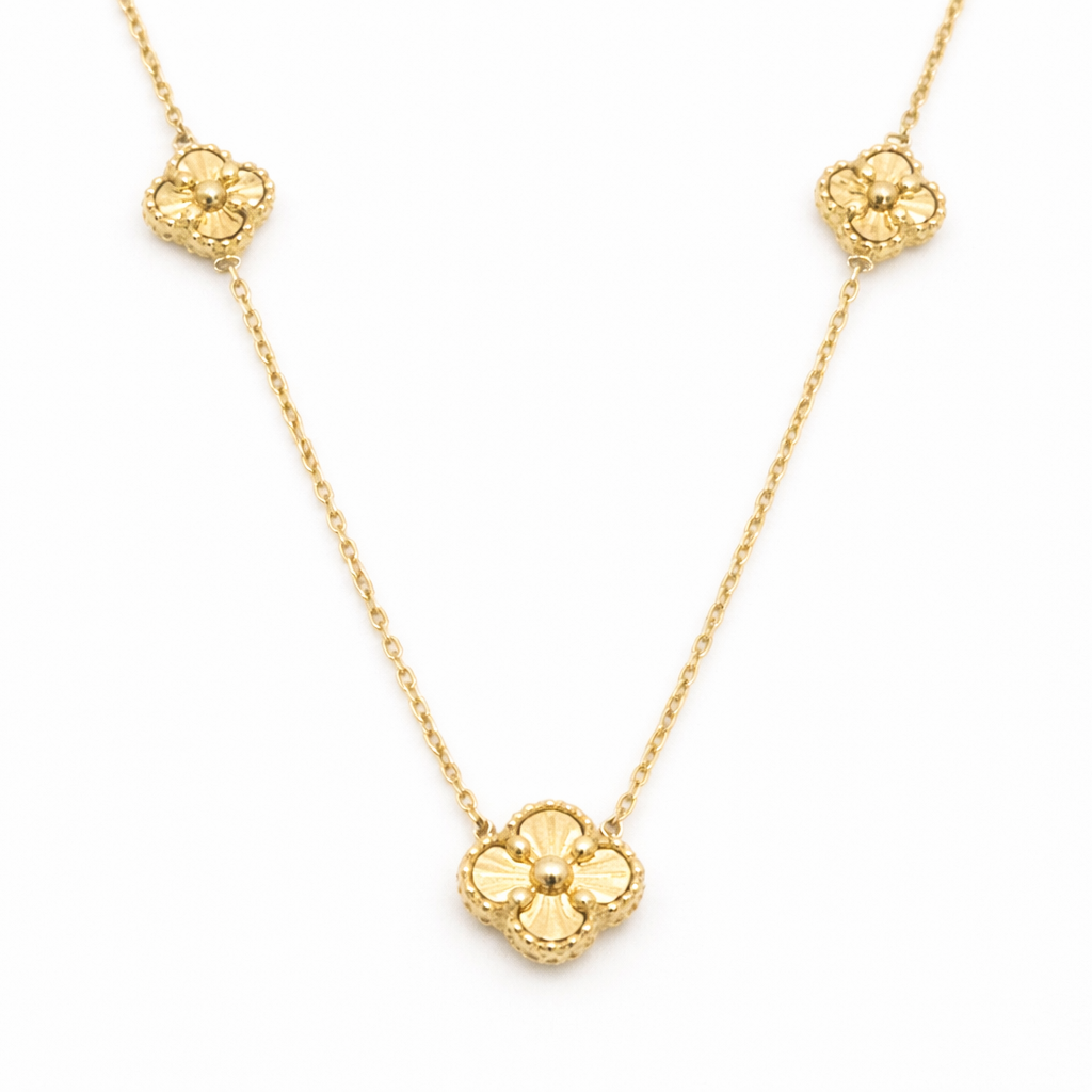 14K Solid Yellow Gold Clover Station Necklace