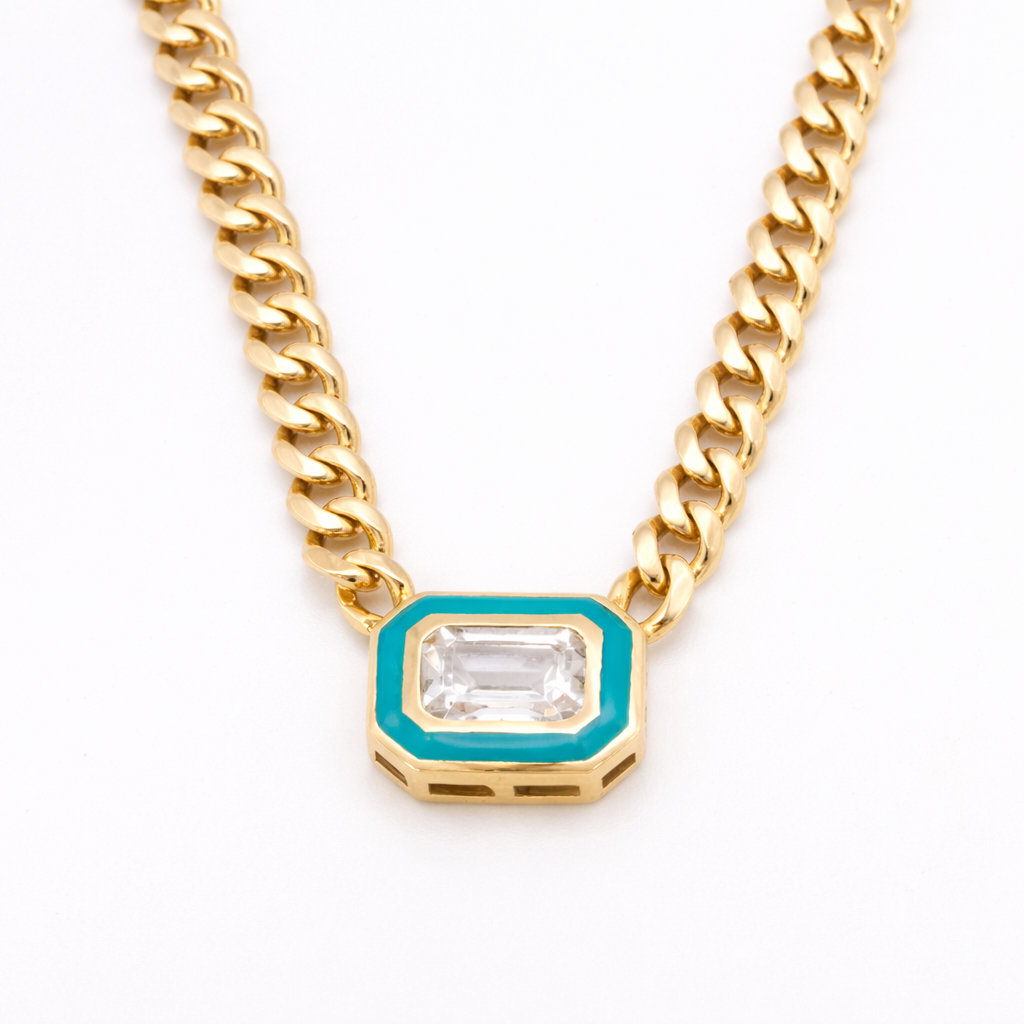 18K Solid Gold Cuban Chain Necklace with Emerald-Cut CZ & Turquoise Enamel Pendant