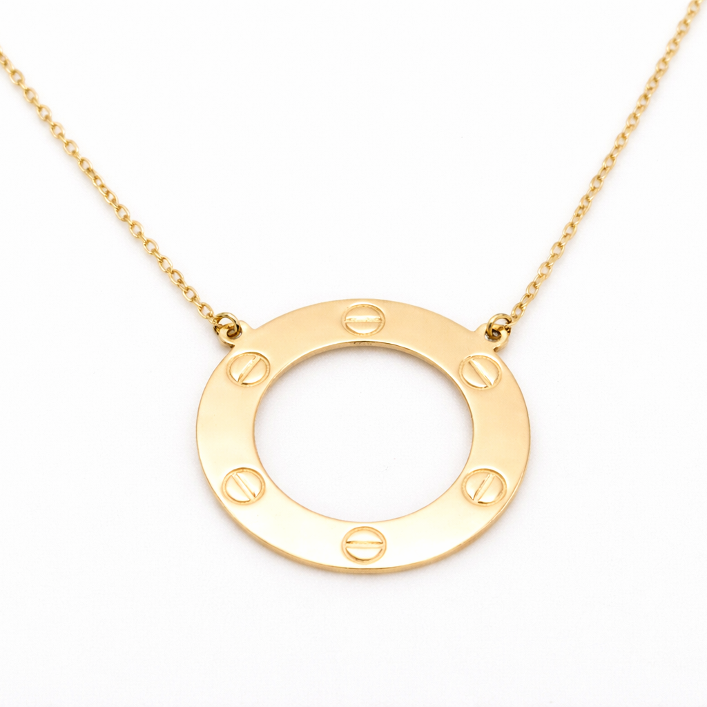 18K Solid Gold Love Circle Necklace – Screw Motif Minimalist Pendant