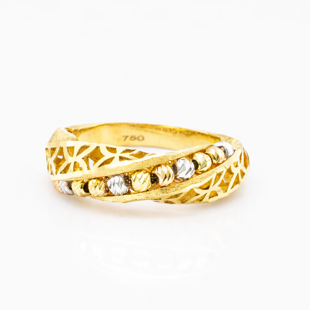 18K Solid Gold Three-Tone Filigree Beaded Ring