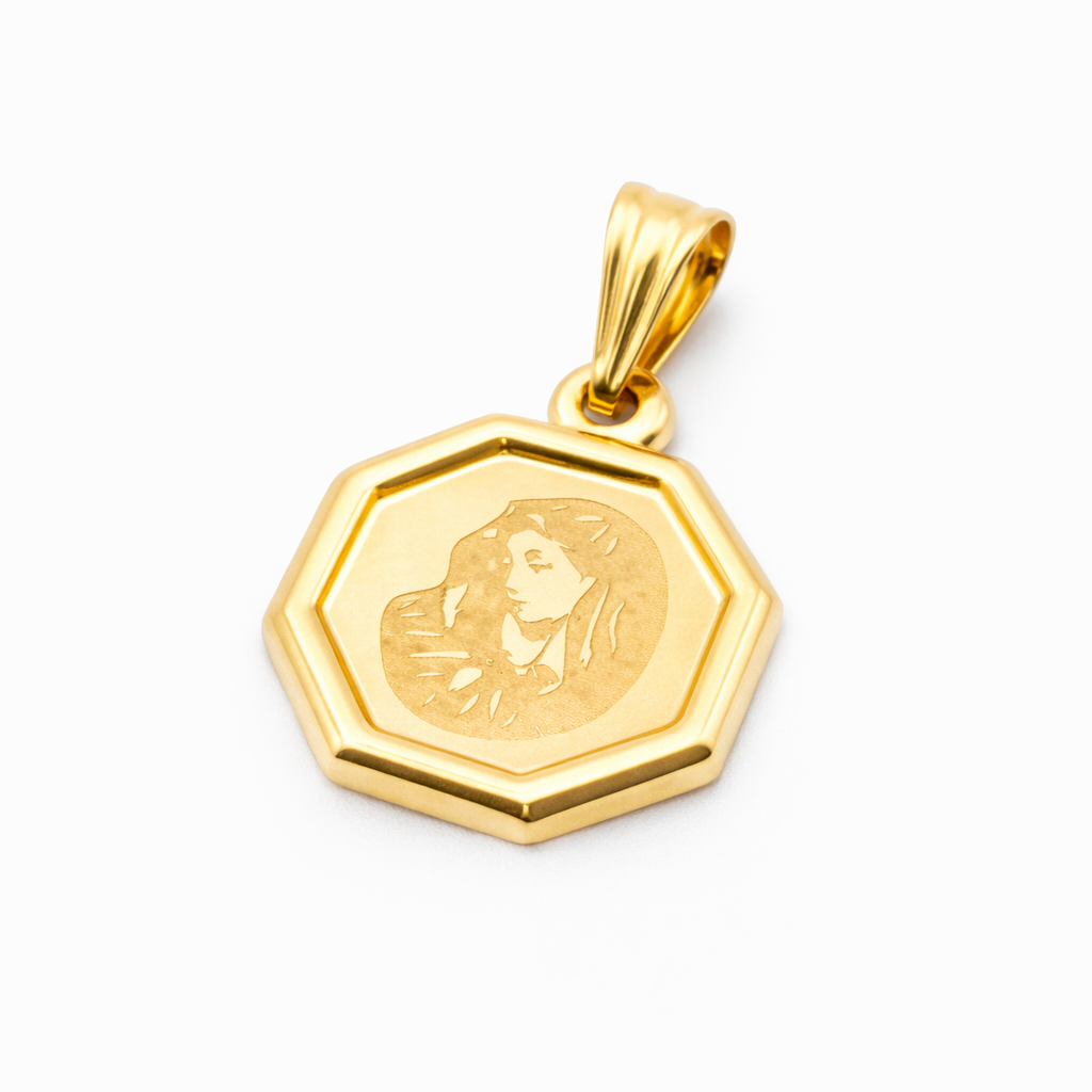18K Solid Gold Virgin Mary Medallion Pendant