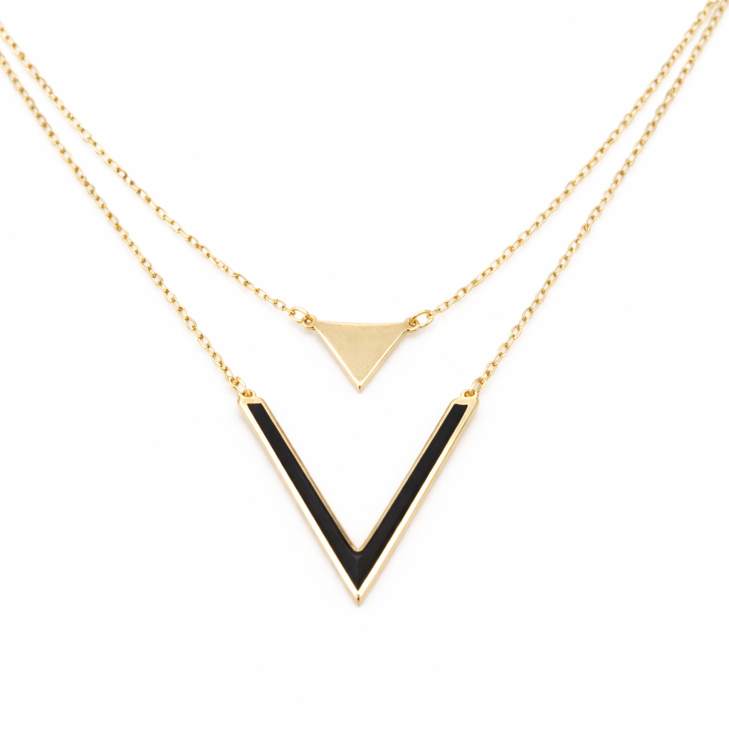 18K Solid Gold Layered V Necklace with Black Enamel
