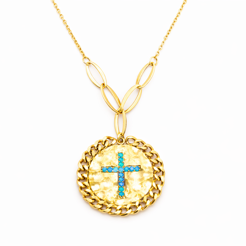 18K Solid Gold Turquoise Cross Medallion Necklace