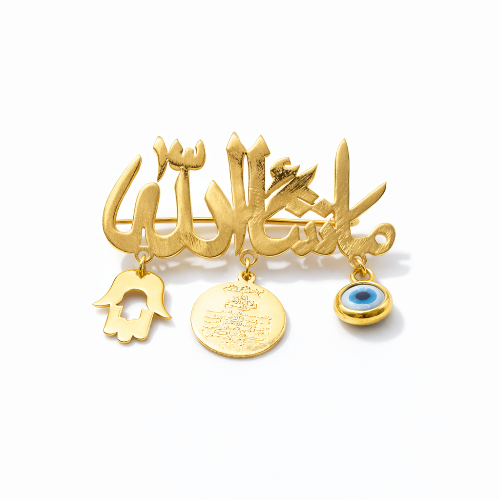 18K Solid Gold Mashallah Allah Brooch with Hamsa & Evil Eye Charms