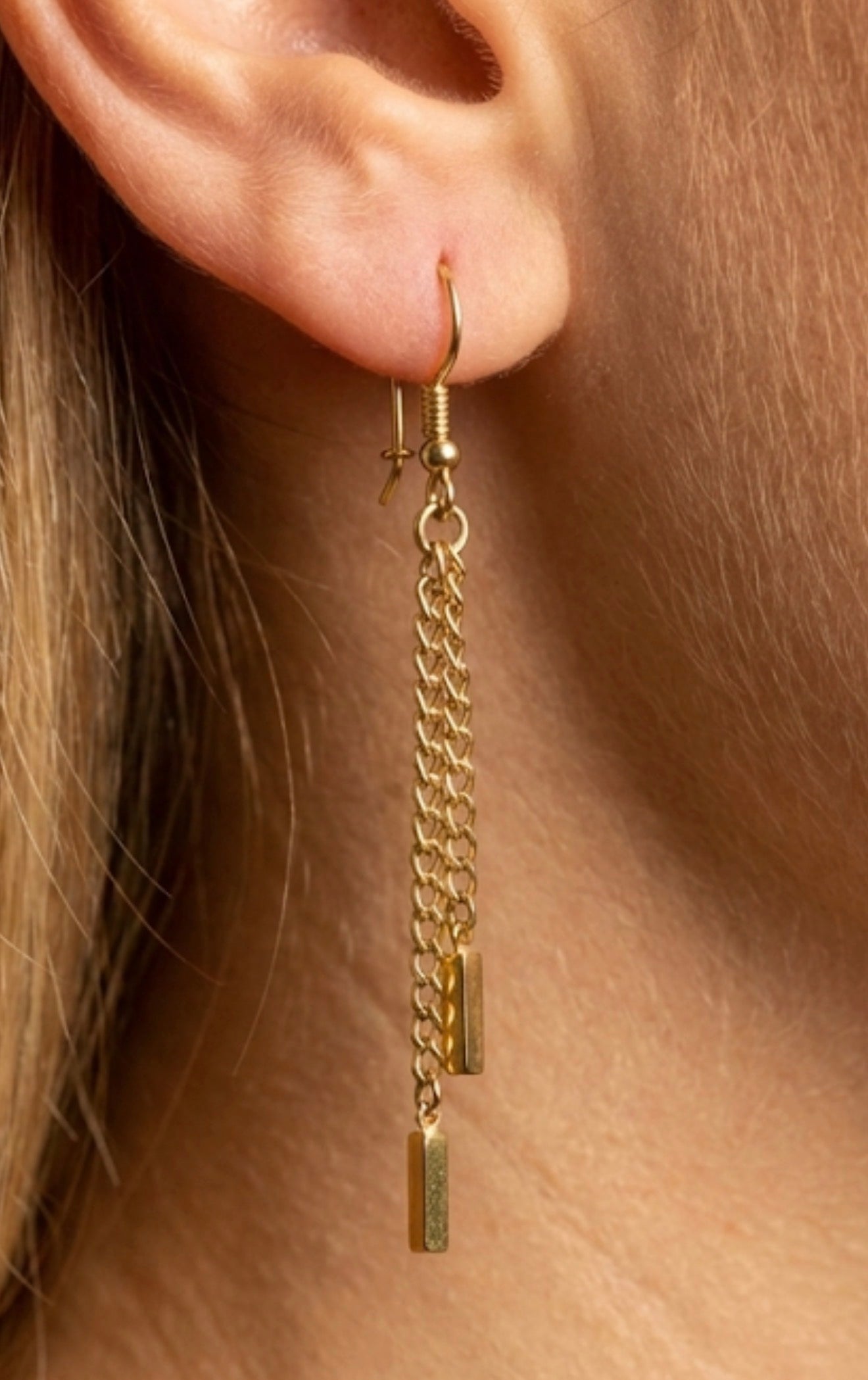 Solid 18K Gold Double Chain Bar Drop Earrings