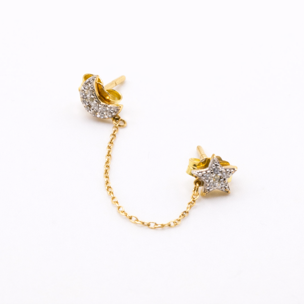 18K Gold CZ Moon & Star-Single Celestial Earring