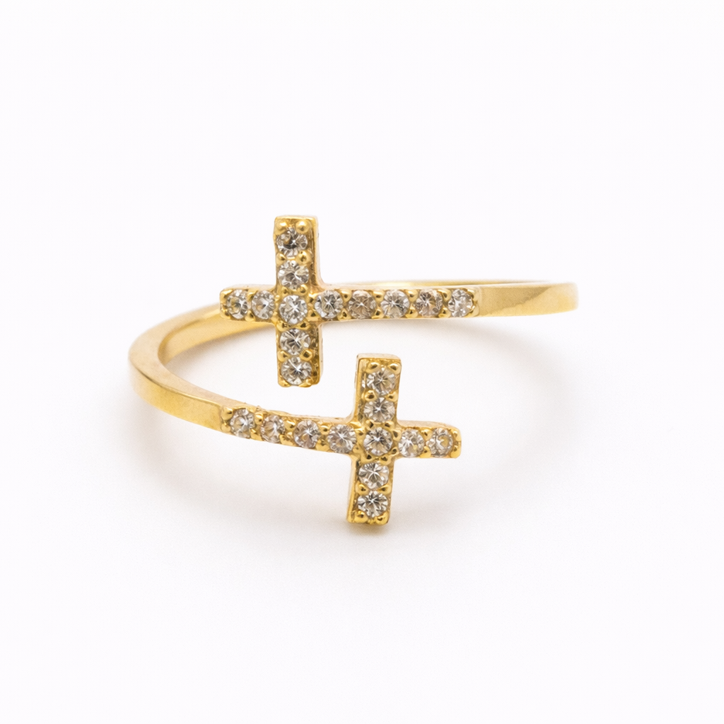 18K Yellow Gold Double Cross CZ Ring