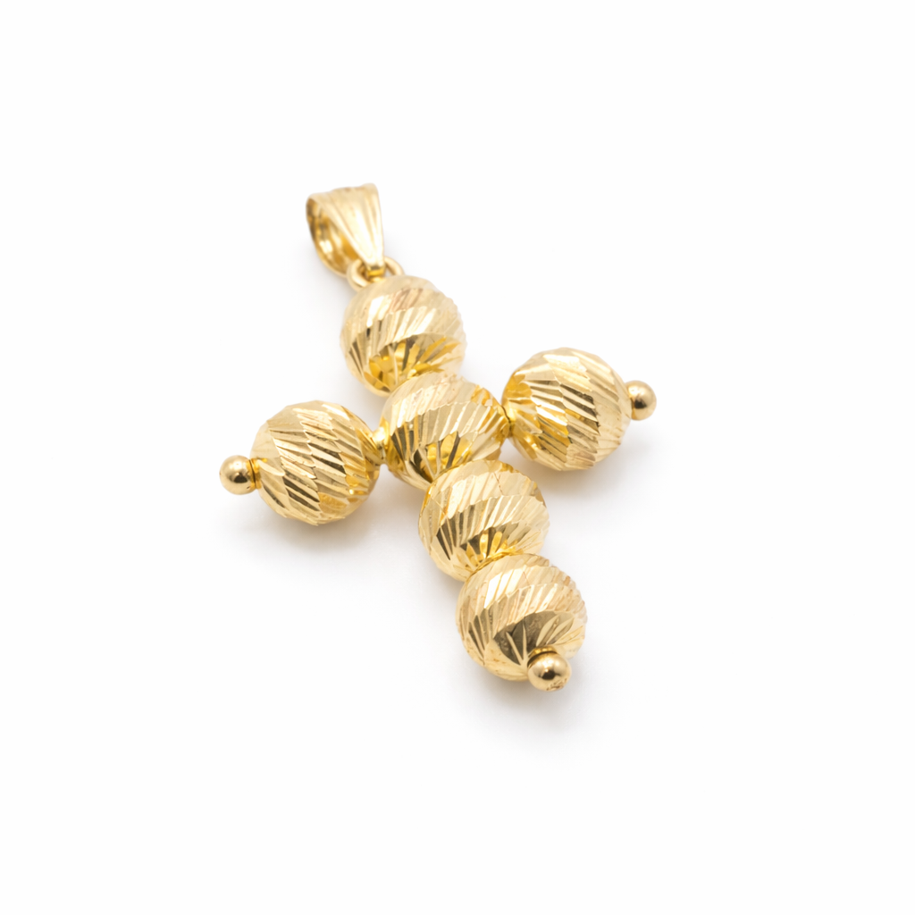 18K Solid Gold Diamond-Cut Bead Cross Pendant