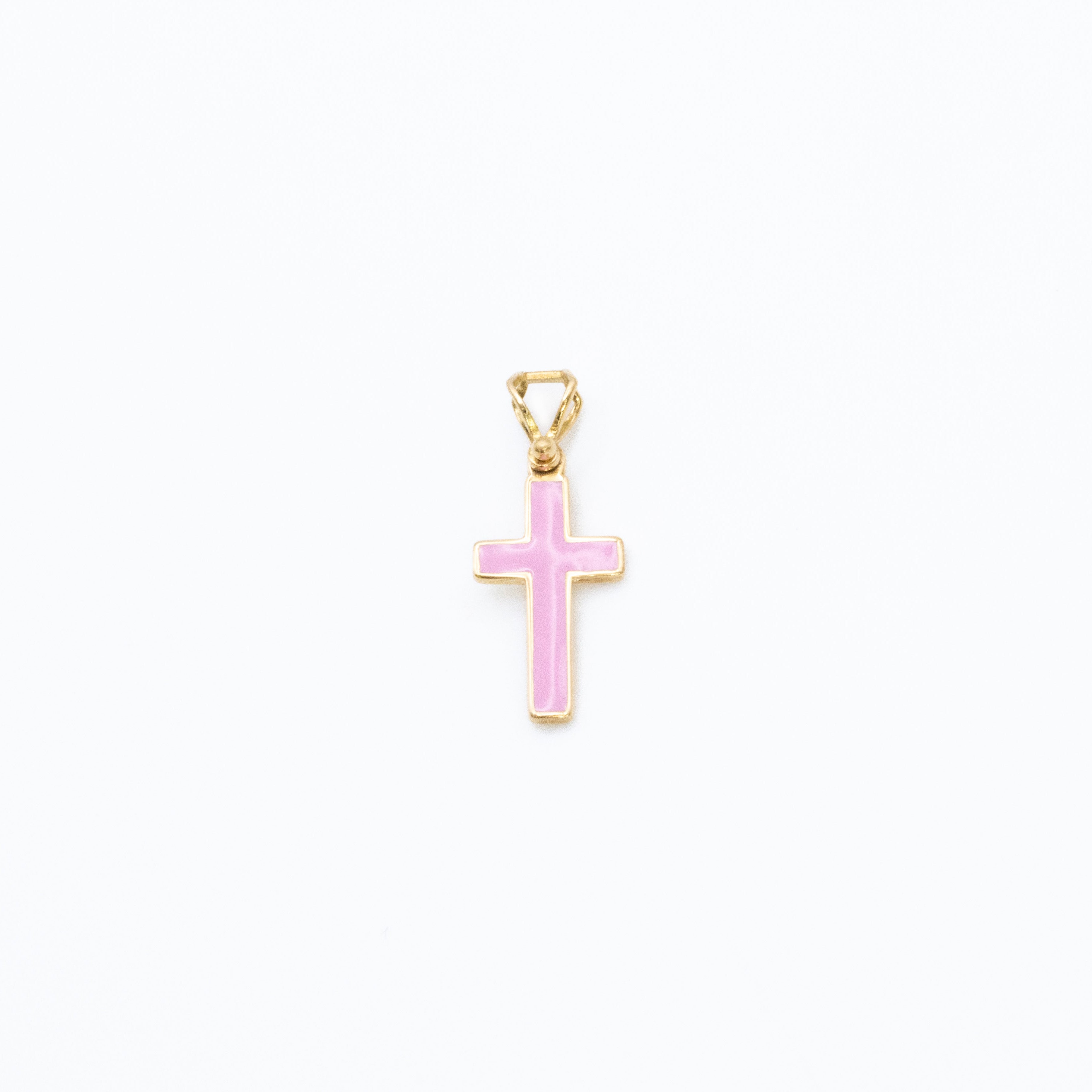 Pink Enamel Cross Charm 18K Solid Gold