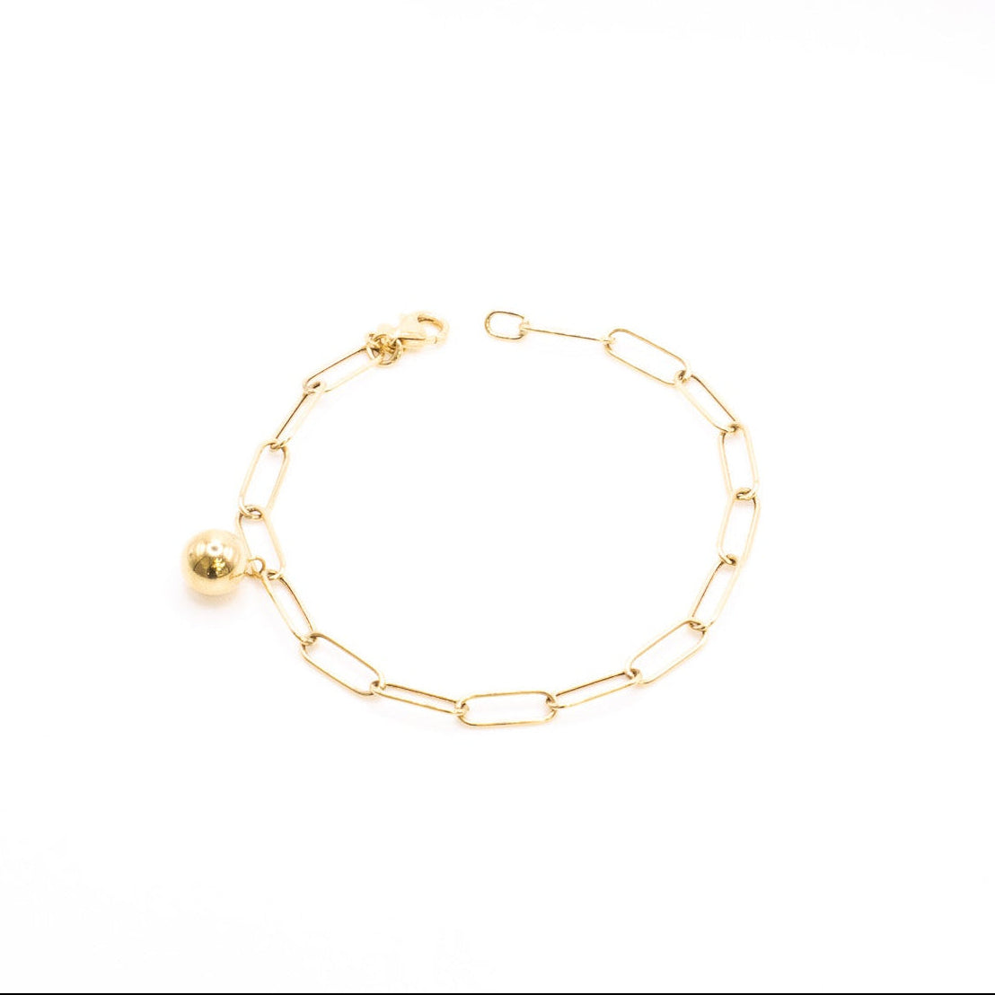 14K Paperclip Bracelet With Gold Bead Charm