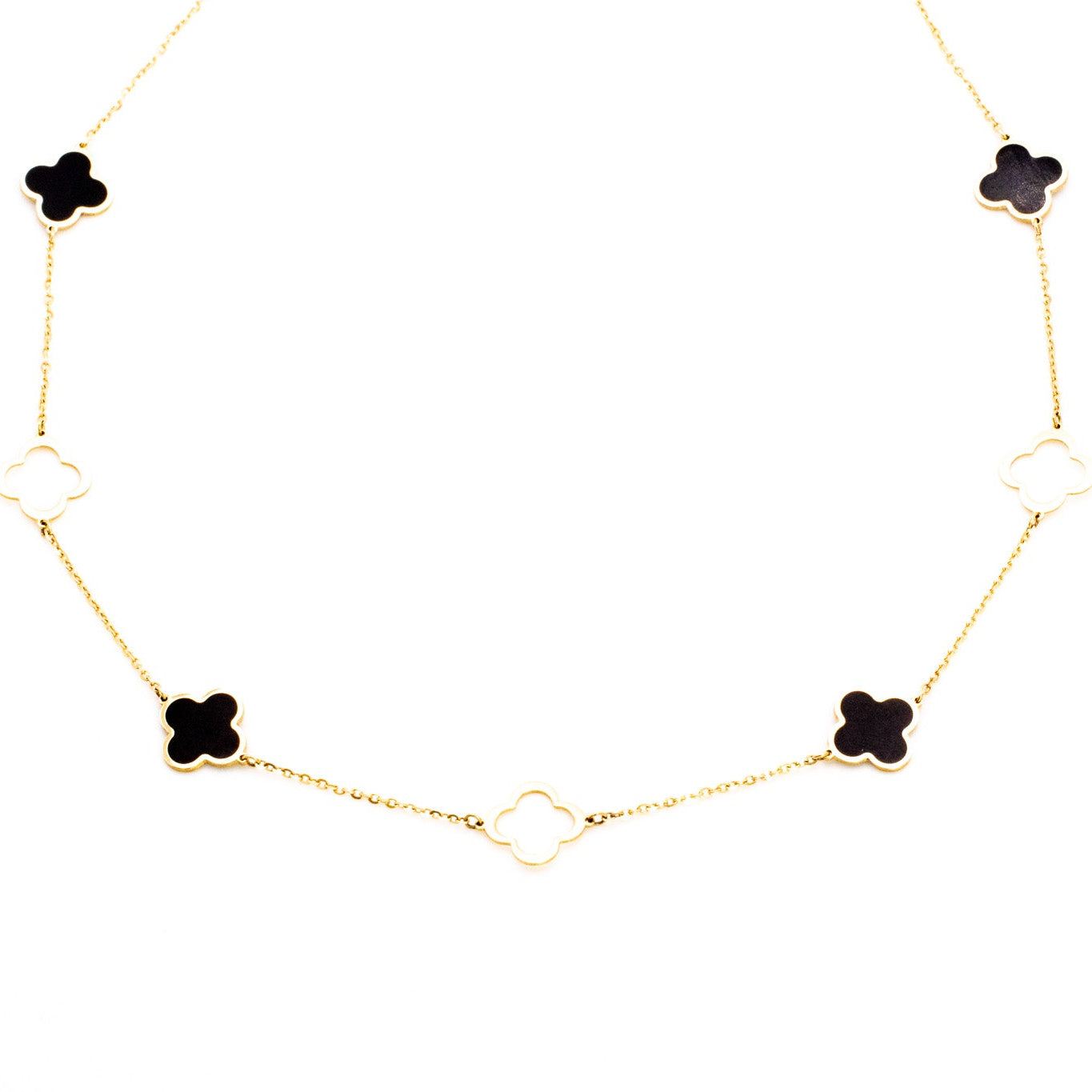 18K Gold Black Onyx & Mother of Pearl Clover Station Necklace