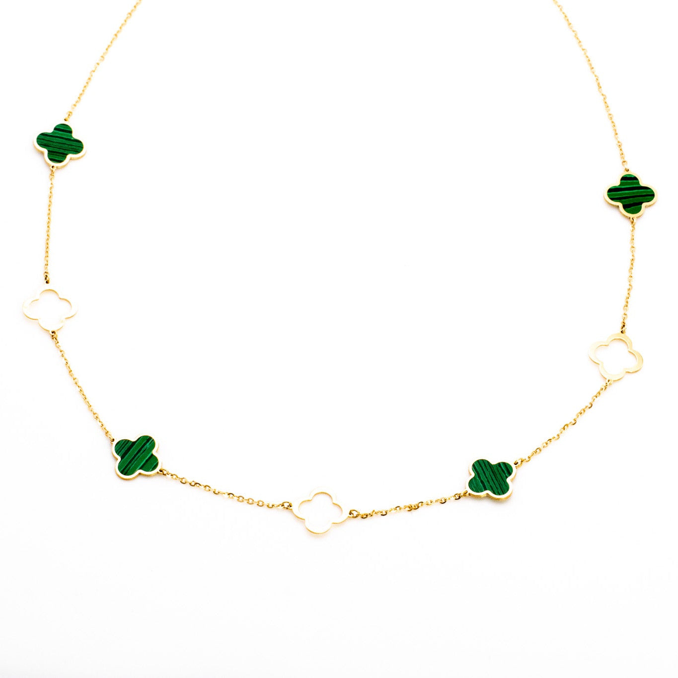 18K Gold Malachite Clover Station Necklace