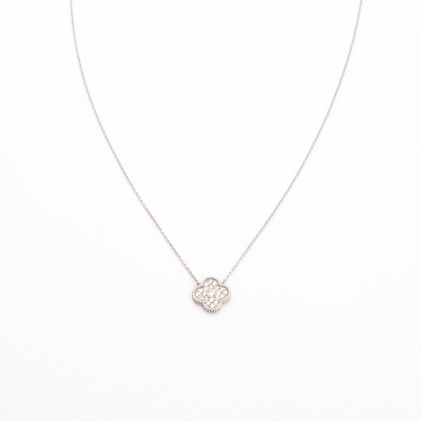 14K White Gold Diamond Clover Necklace