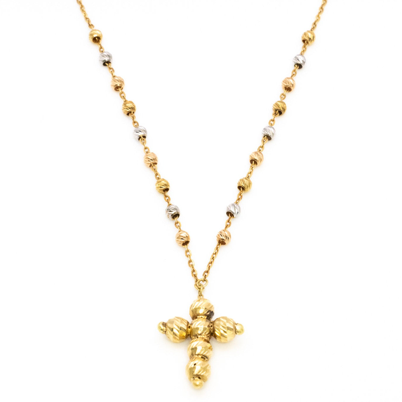 8K Tri-Color Gold Beaded Cross Necklace