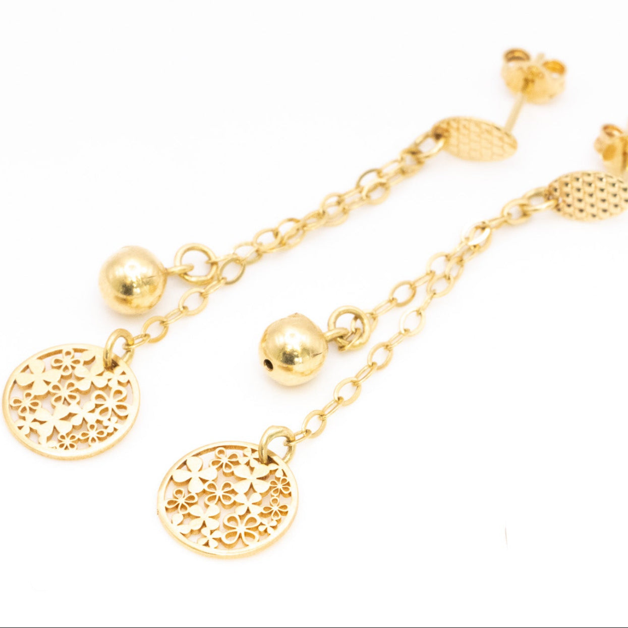 Floral Filigree Disc Drop Earrings – Solid 18K Gold
