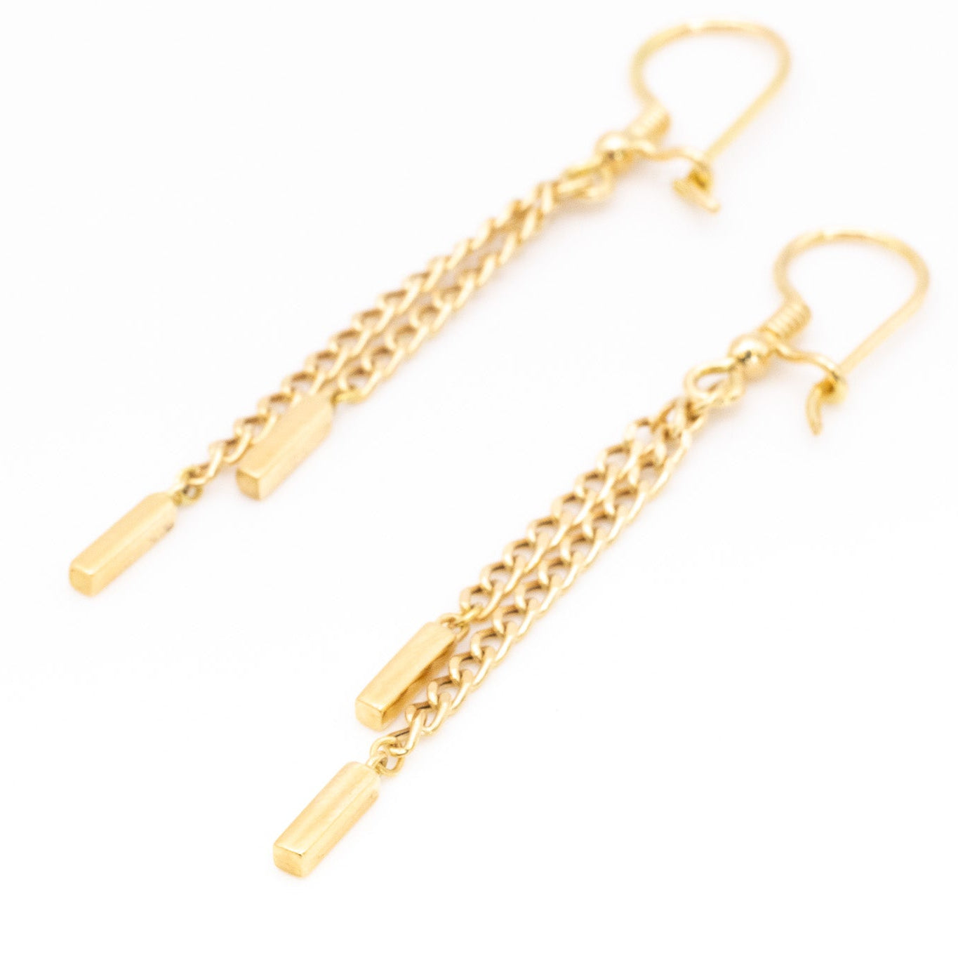Solid 18K Gold Double Chain Bar Drop Earrings