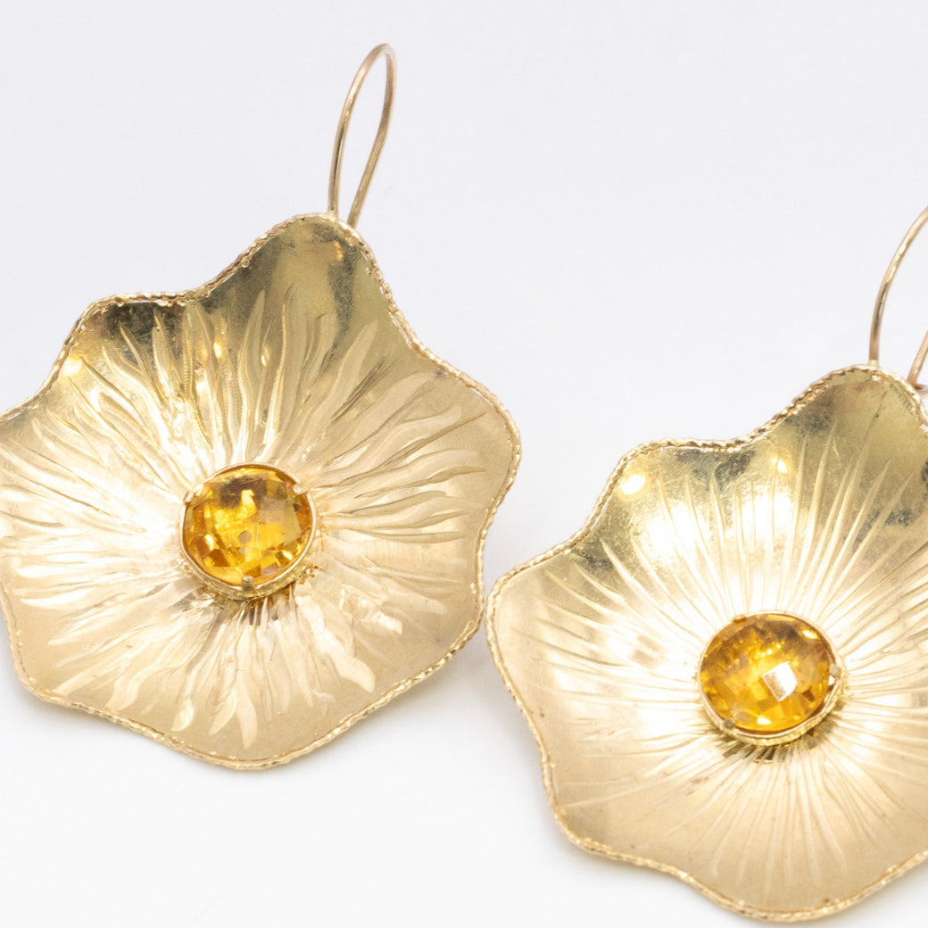 14K Solid Gold - Golden Bloom Drop Earrings