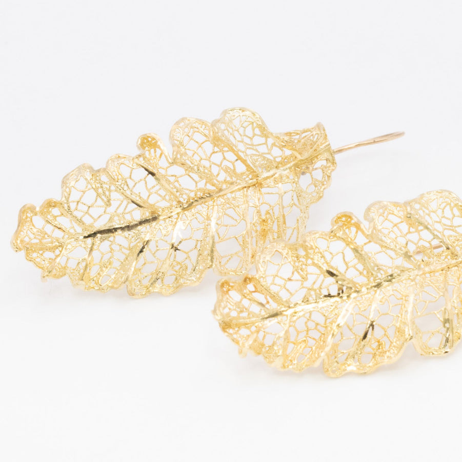 Solid 14 K Gold Filigree Leaf Drop Earrings