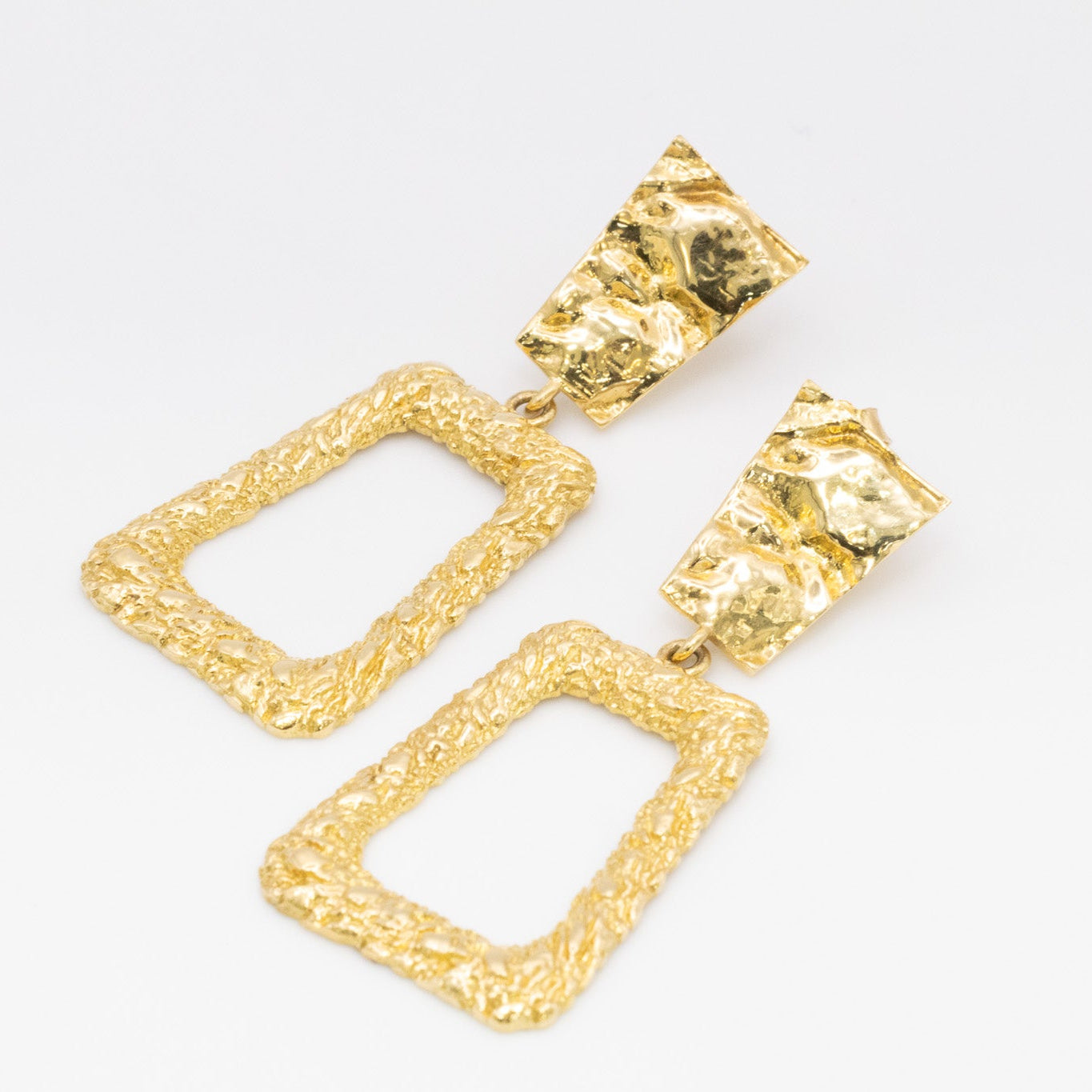 Hammered Frame Drop Earrings – Handcrafted 18K Gold