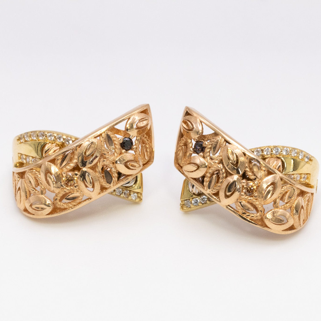 Solid 18K Gold Leaf Motif Diamond Accent Hoop Earrings