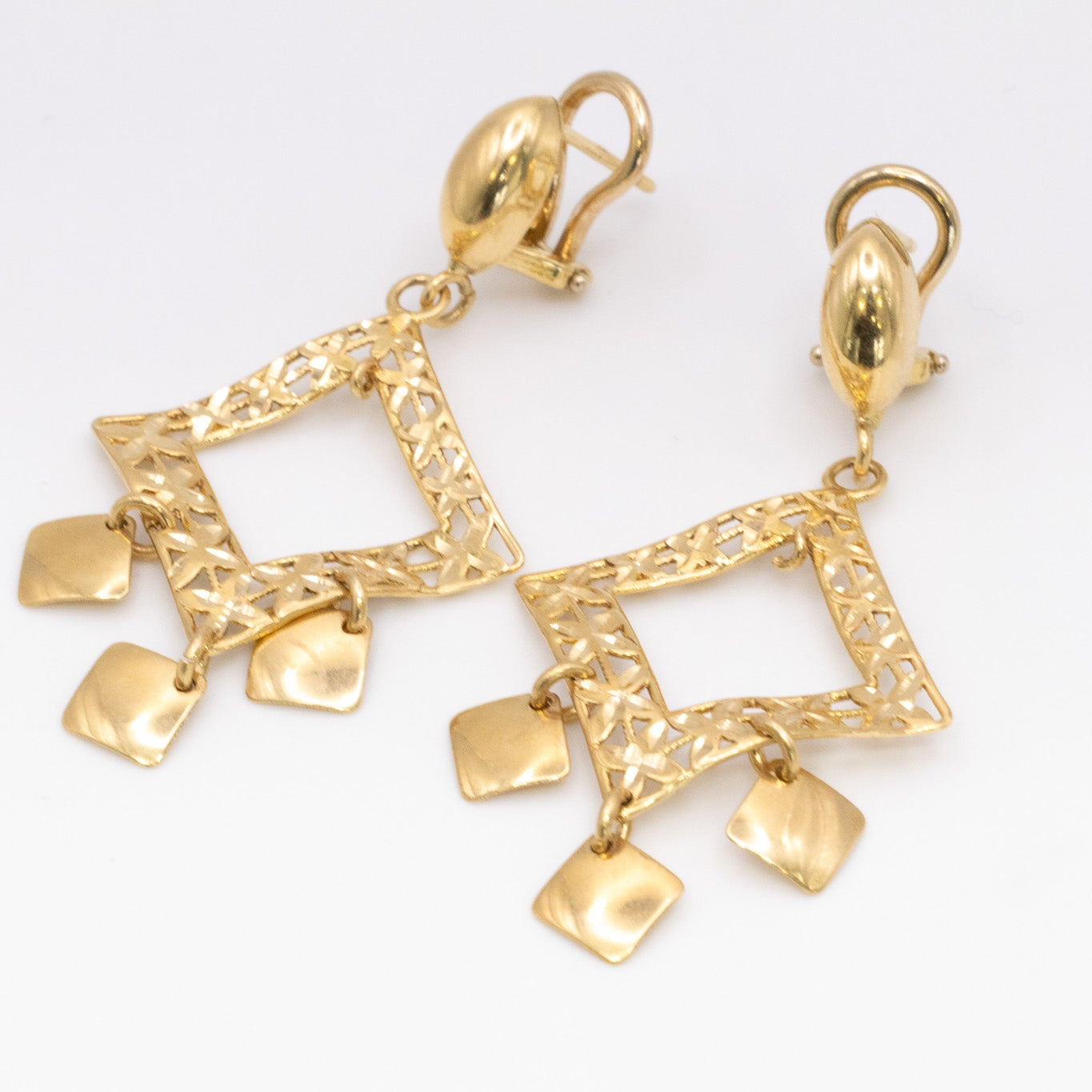 Filigree Square Charm Drop Earrings – 18K Gold