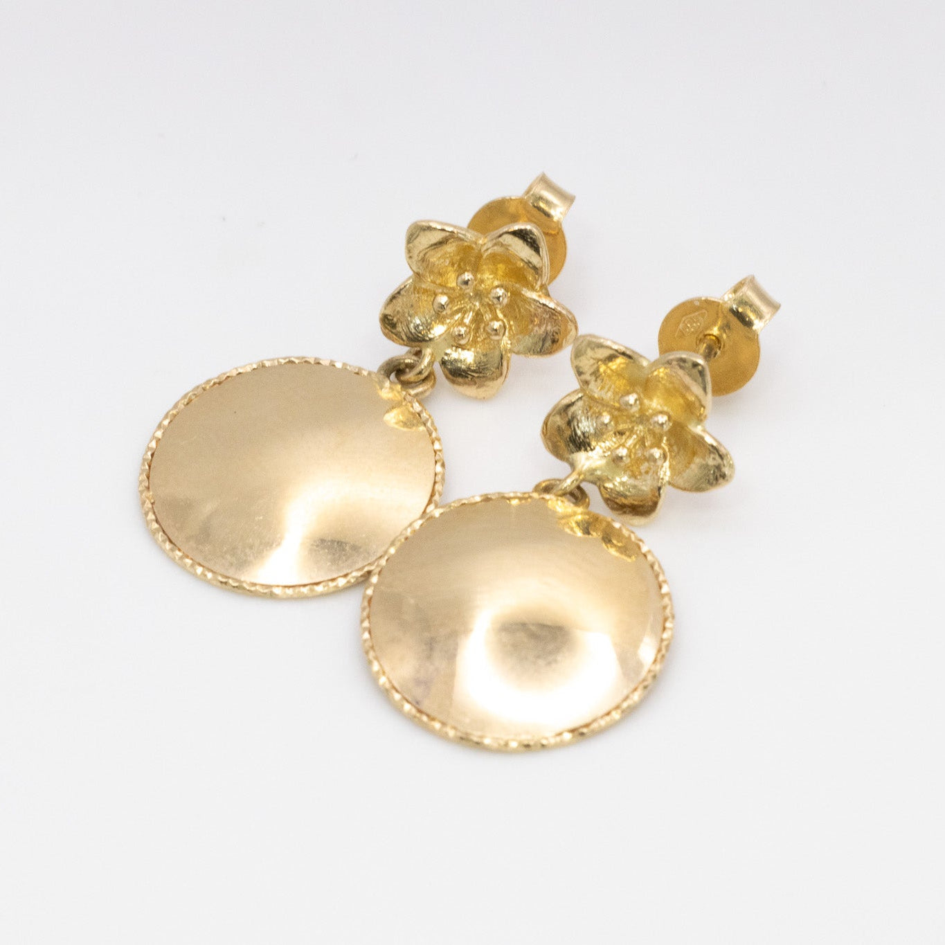 Flower Disc Drop Earrings – Solid 14K Gold