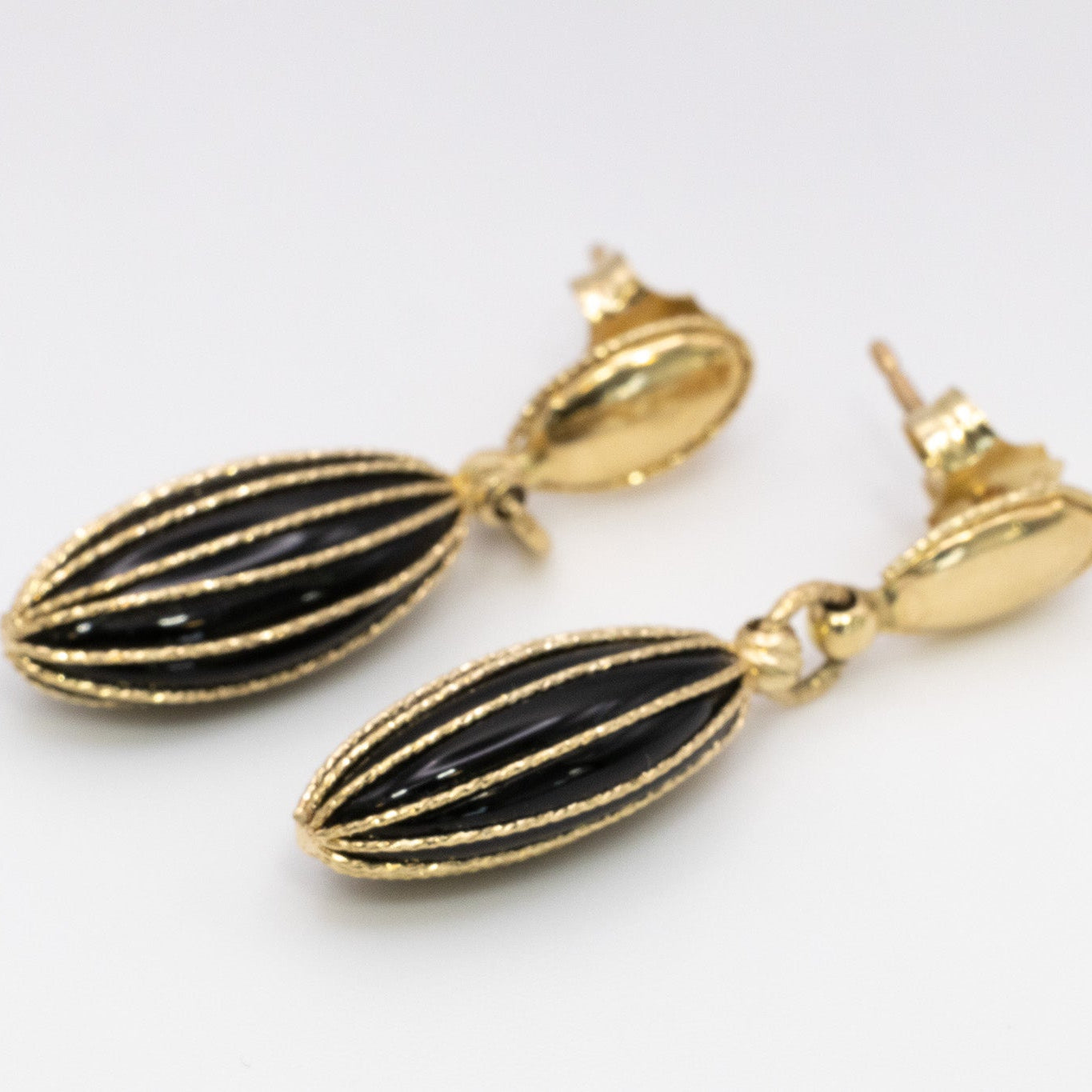 Black Enamel Oval Drop Earrings – 14K Gold