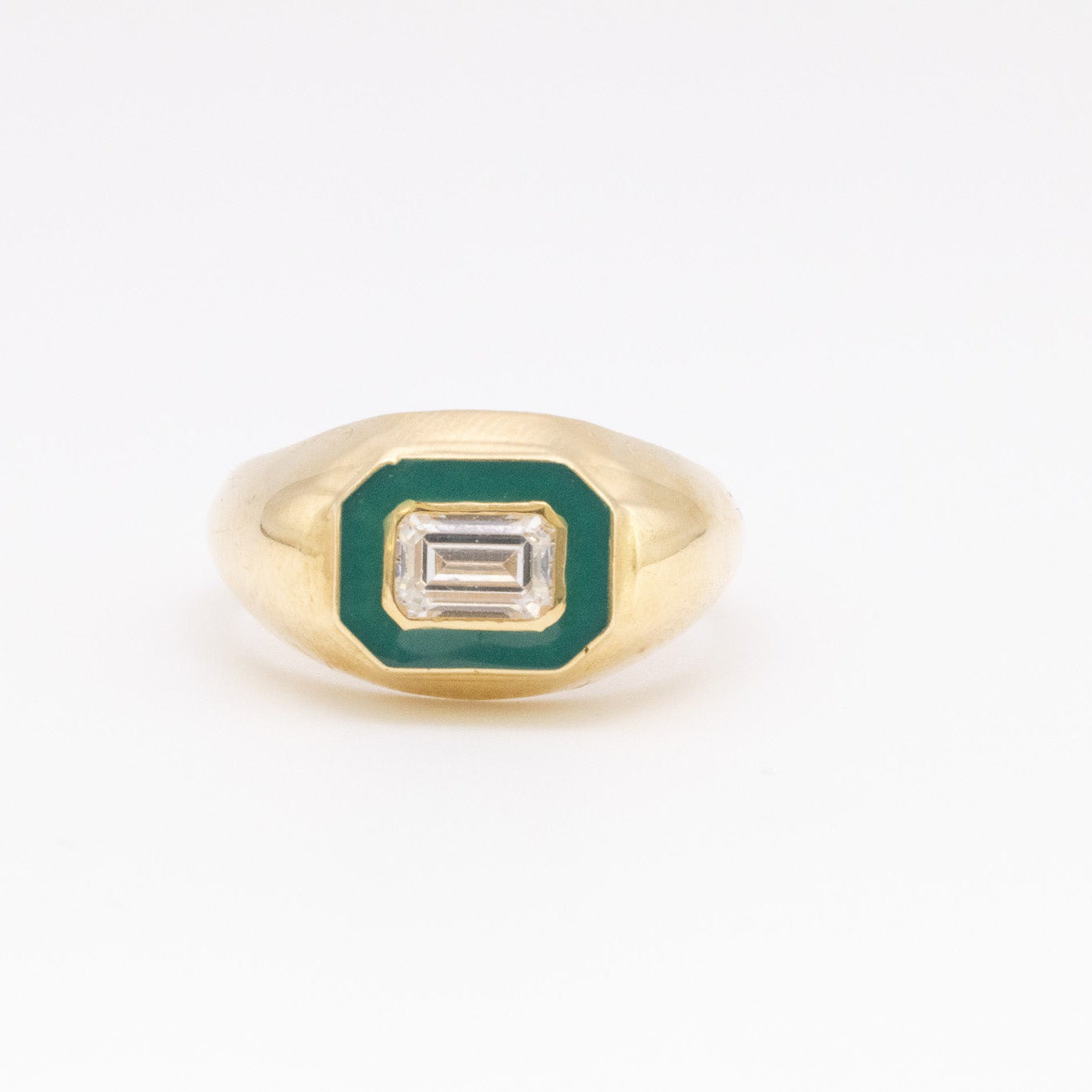 18k Emerald Cut Diamond Green Enamel Ring