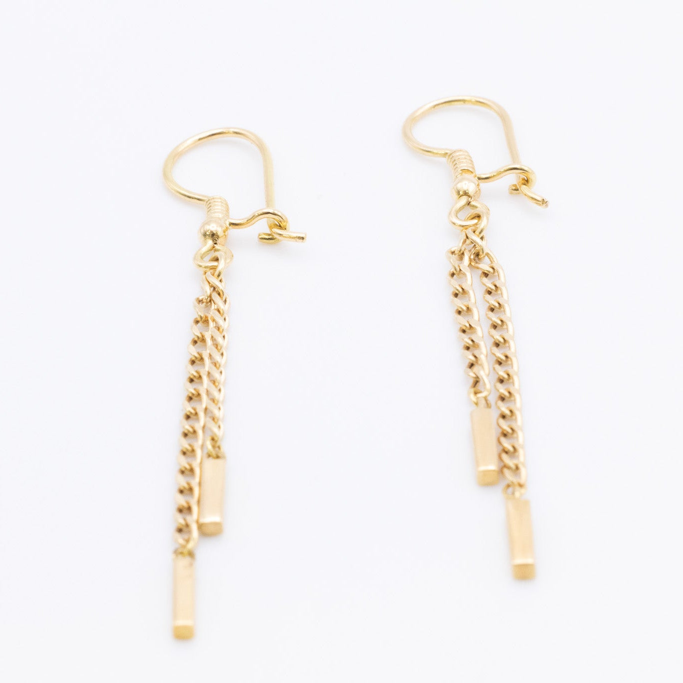 18K Solid Gold Double Chain Tassel Earrings with Bar Drops