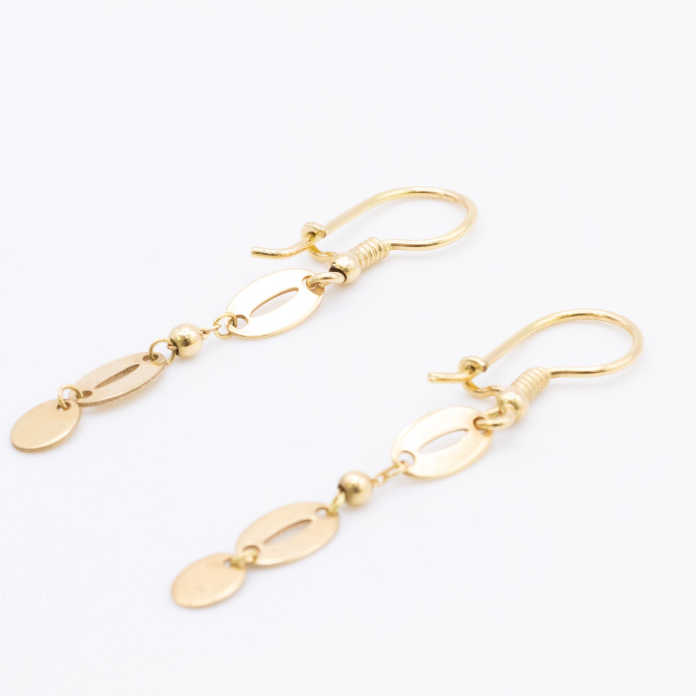 18K Solid Gold Oval Link Dangle Earrings with Disc Charm