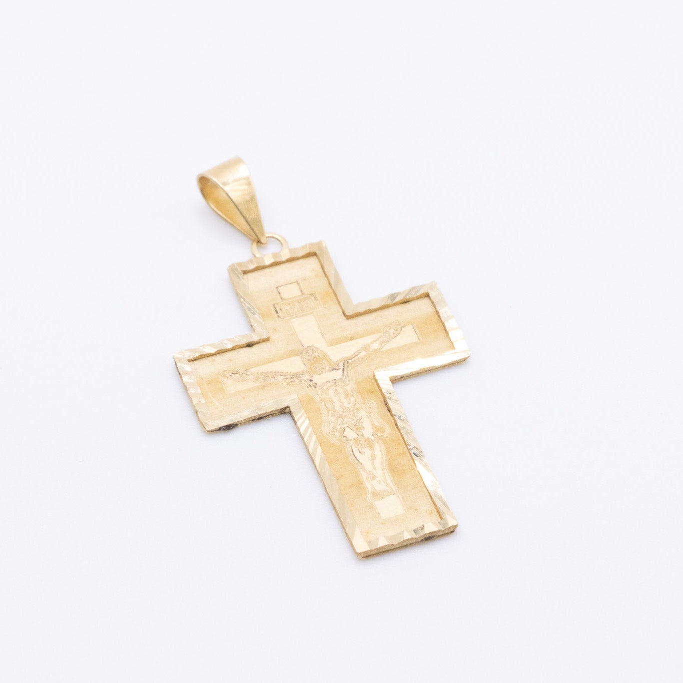 18K Solid Gold Engraved Crucifix Pendant - Matte/Shiny Finish Jesus Cross