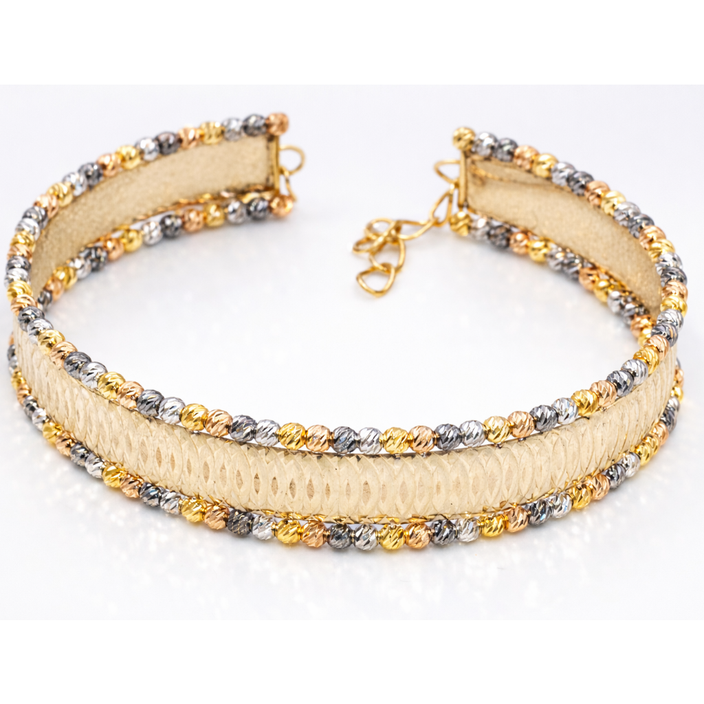 18K Tri-Color Gold Wide Bracelet – Textured Center with Diamond-Cut Bead Edges