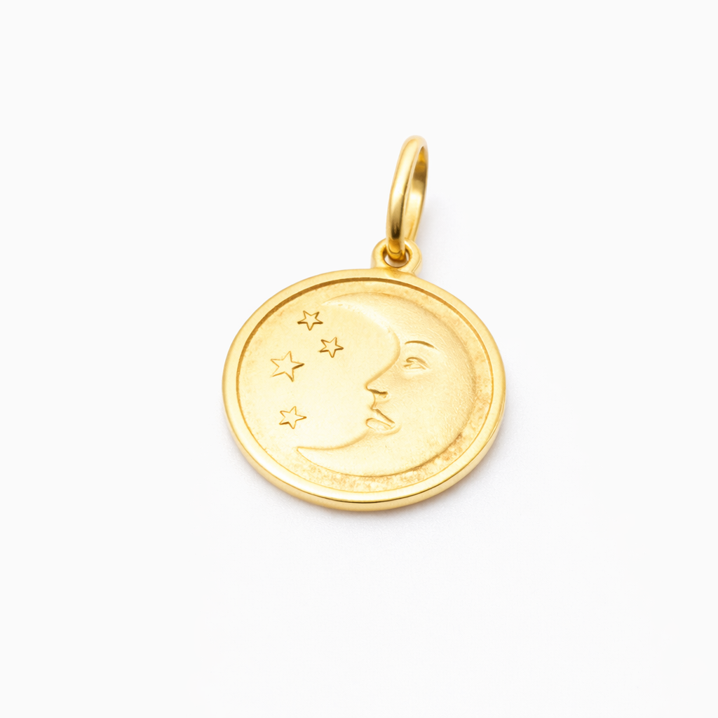 14K Solid Gold Moon & Stars Pendant