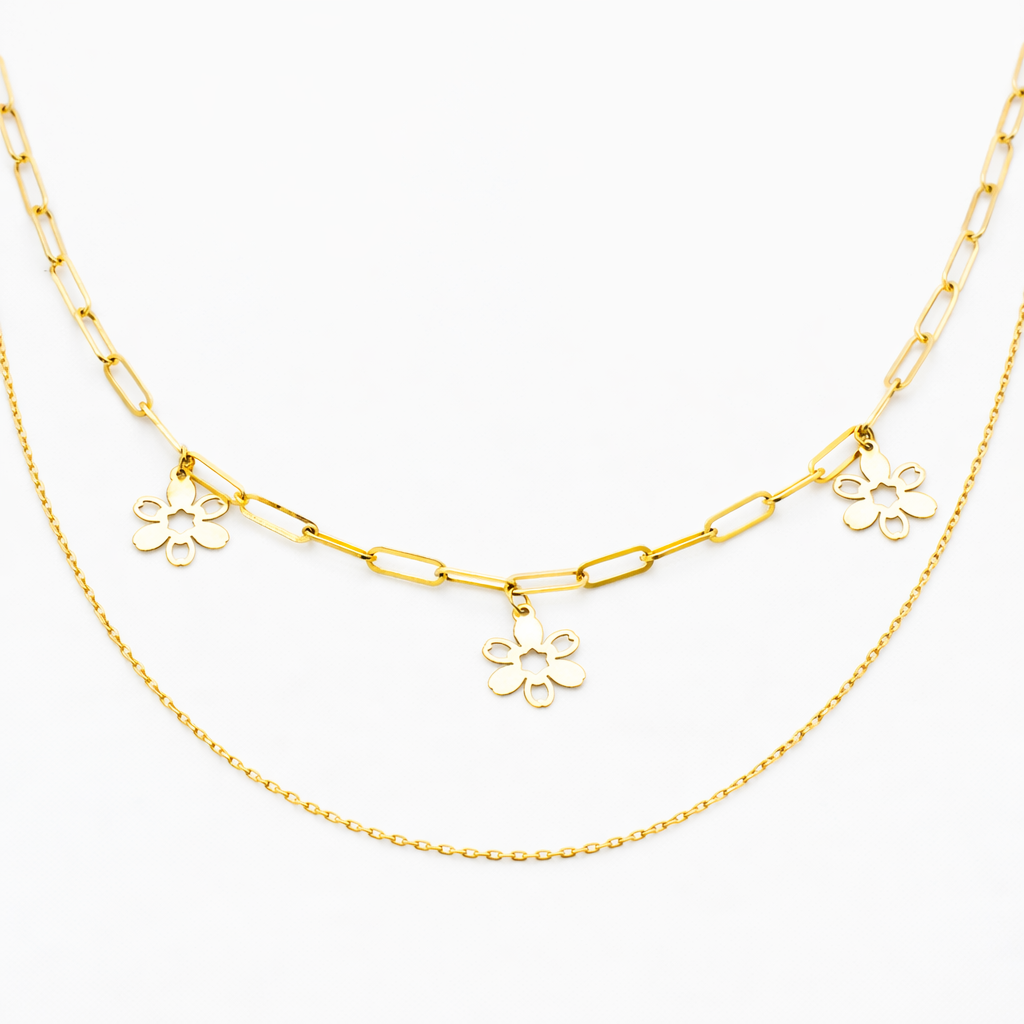 18K Solid Gold Layered Floral Charm Necklace – Double Chain Flower Pendant