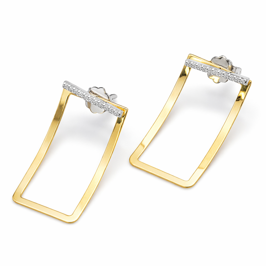 18K Yellow Gold Open Rectangle Diamond Bar Drop Earrings - With CZ