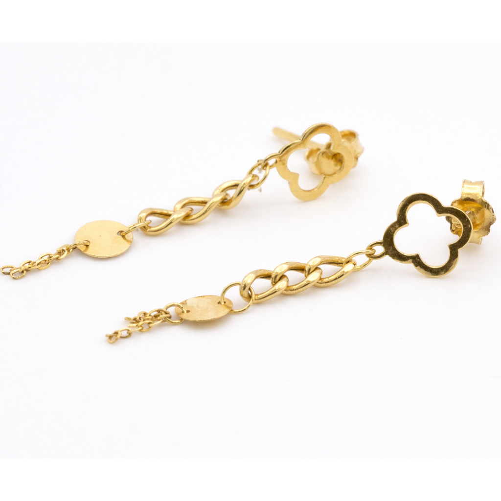 18K Solid Gold Clover Chain Drop Earrings